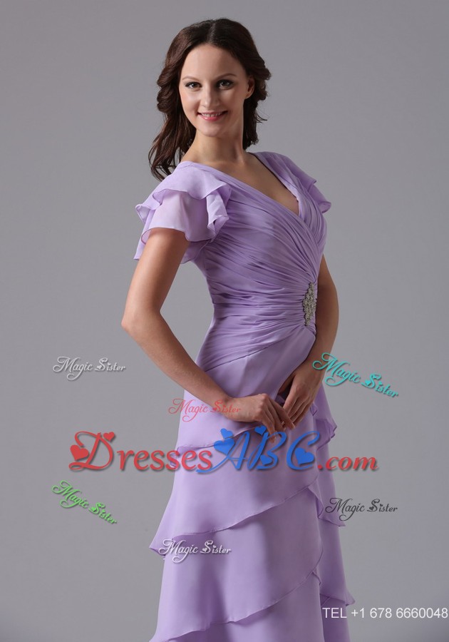 Lavender V-neck Ruffled Layeres Mother Of The Bride Dress With Beading And Ruch In Louisiana