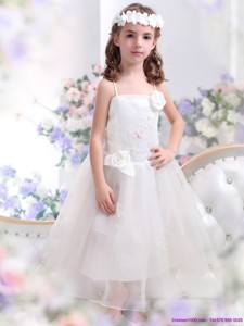 White Spaghetti Straps Flower Girl Dress with Hand Made Flower and Appliques 