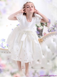 White Scoop Flower Girl Dress With Bowknot And Cap Sleeves