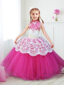 Popular Halter Top Laced and Beaded Flower Girl Dress in Hot Pink 