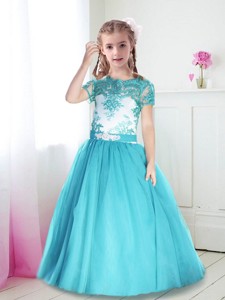 Best Scoop Short Sleeves Turquoise Flower Girl Dress with Lace and Belt 
