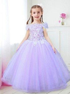 Modest Off the Shoulder Lavender Flower Girl Dress with Appliques and Beading 