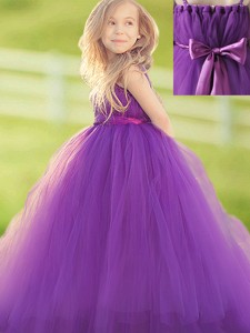 Classical Handcrafted Flower and Bowknot Flower Girl Dress in Eggplant Purple 
