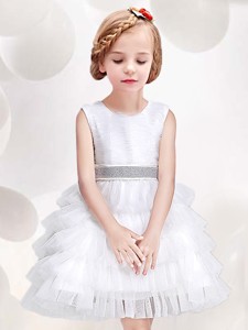 Low Price Ruffled Layers and Bowknot Scoop White Flower Girl Dress in White 