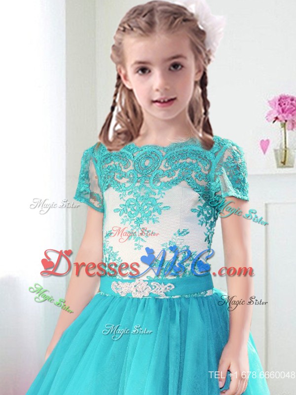 Best Scoop Short Sleeves Turquoise Flower Girl Dress with Lace and Belt 