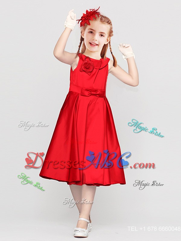 New Style Bowknot Button Up Red Flower Girl Dress in Tea Length 