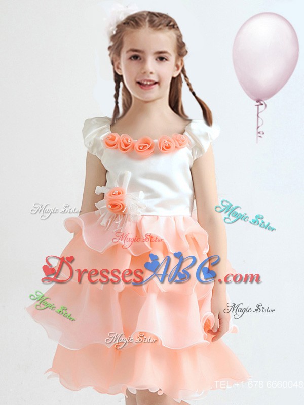 2017 Handcrafted Flower and Ruffled Layers Flower Girl Dress in White and Peach 