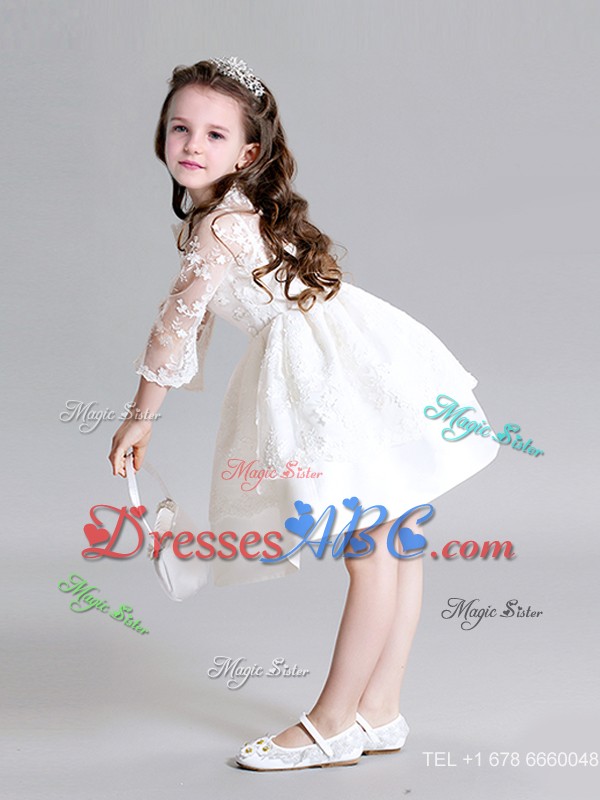 Affordable High Neck Laced Flower Girl Dress with Long Sleeves 