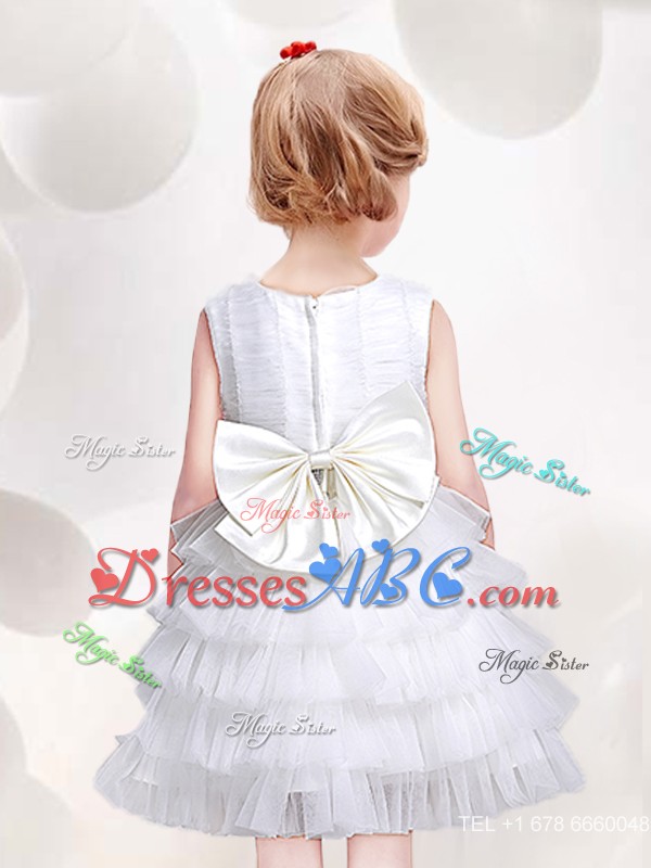 Low Price Ruffled Layers and Bowknot Scoop White Flower Girl Dress in White 