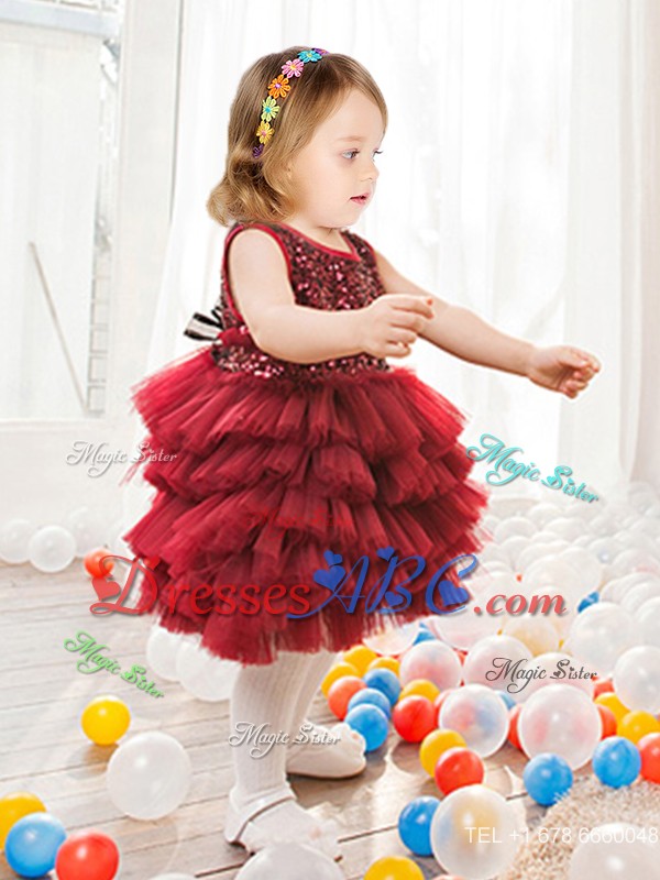 Lovely Wine Red Short Flower Girl Dress with Sequins and Ruffled Layers 