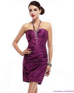 Halter Top Short Dama Dress With Ruching And Beading