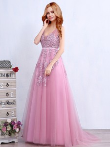 Wonderful V Neck Applique and Belted Prom Dress with Brush Train