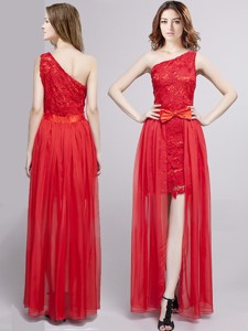 Cheap One Shoulder Red Detachable Prom Dress with Bowknot and Lace