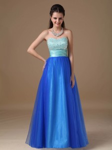 Apple Green And Royal Blue Strapless Floor-length Taffeta And Tulle Beading Prom Dress