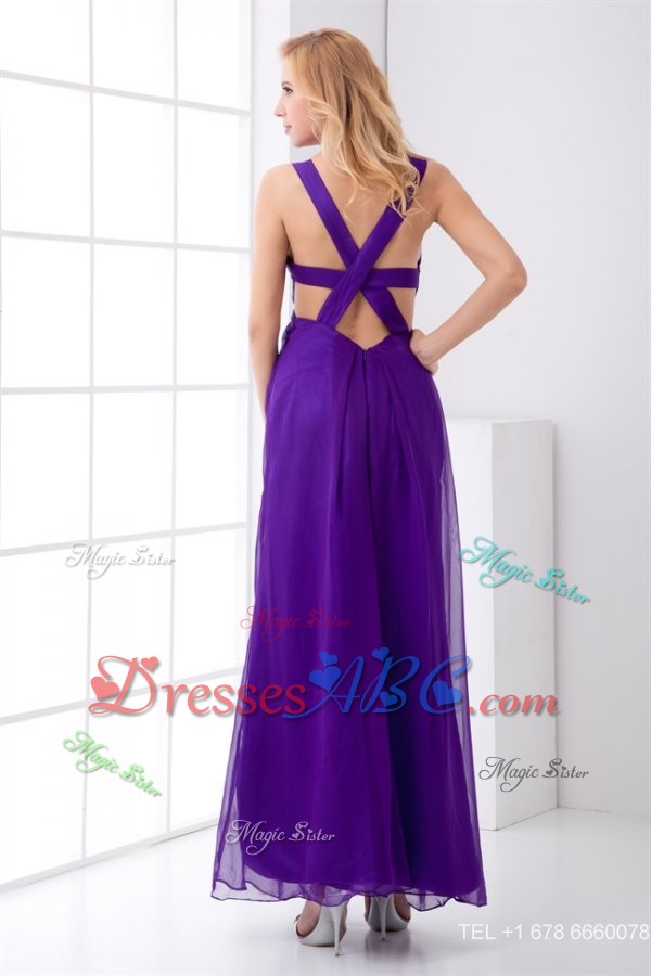 Purple Empire Straps Ruching Ankle-length Prom Dress with Criss Cross